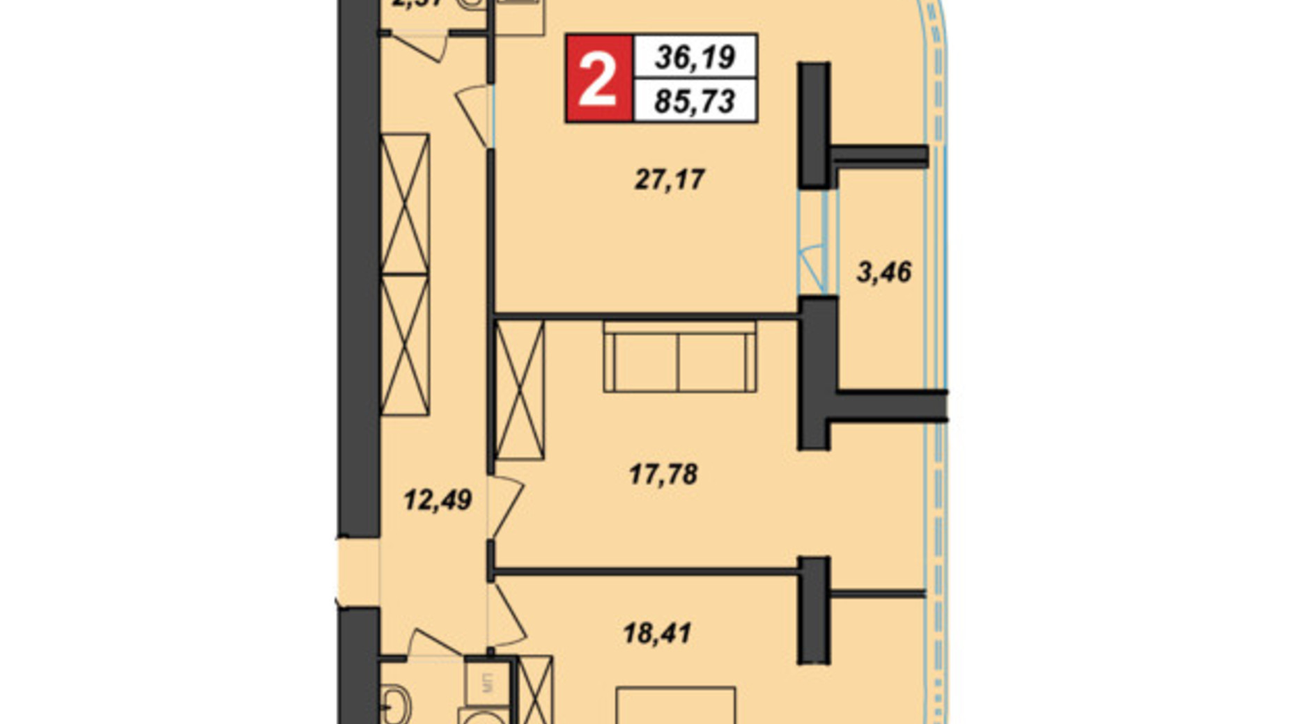 Планировка 2-комнатной квартиры в ЖК Sportcity 85.73 м², фото 273472