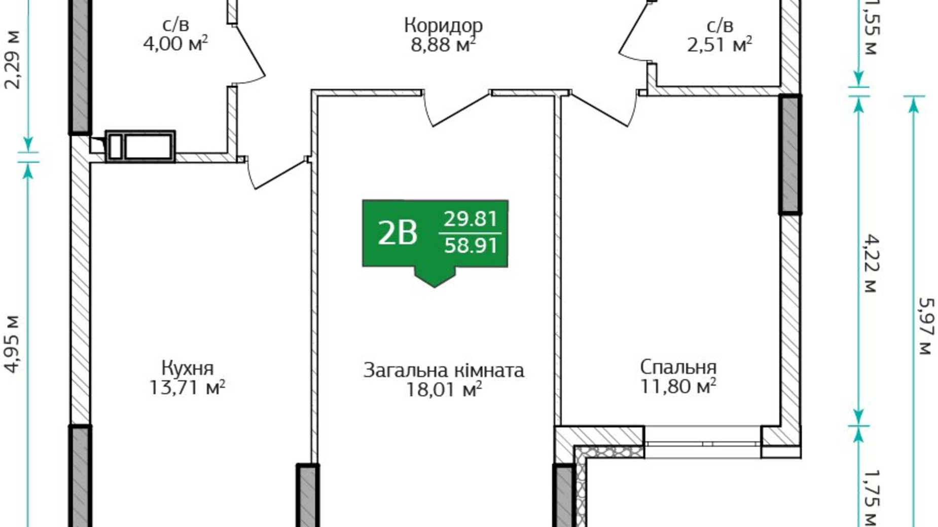 Планировка 2-комнатной квартиры в ЖК City Park 2 58.81 м², фото 273843