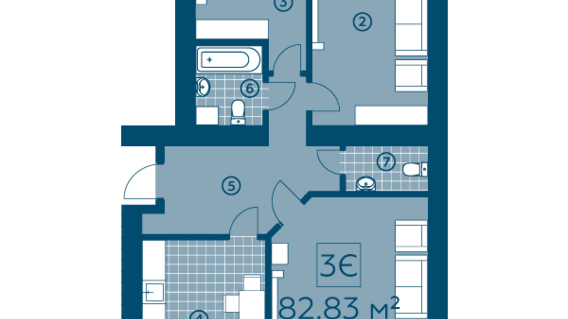 Планировка 3-комнатной квартиры в ЖК Киевский 77.43 м², фото 274916