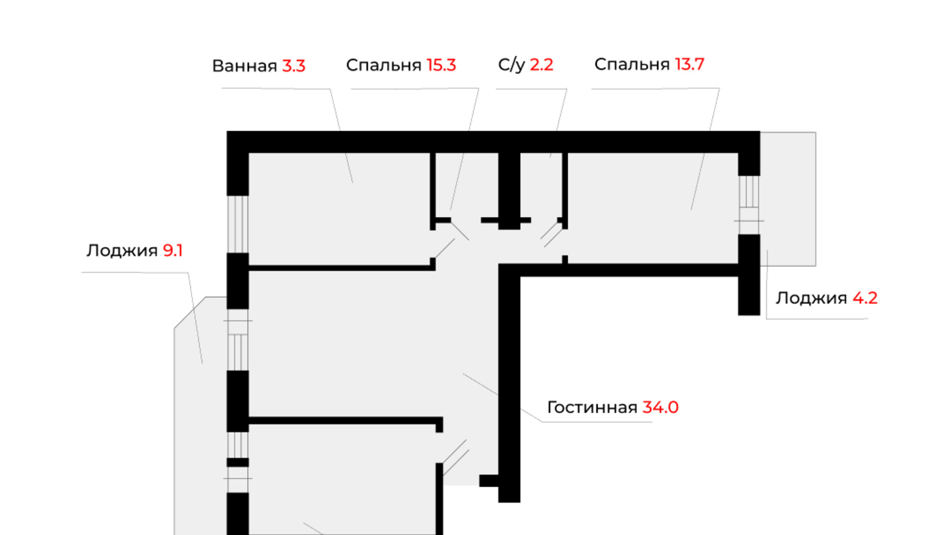 Планировка 3-комнатной квартиры в ЖК Никола Град 97.3 м², фото 275324