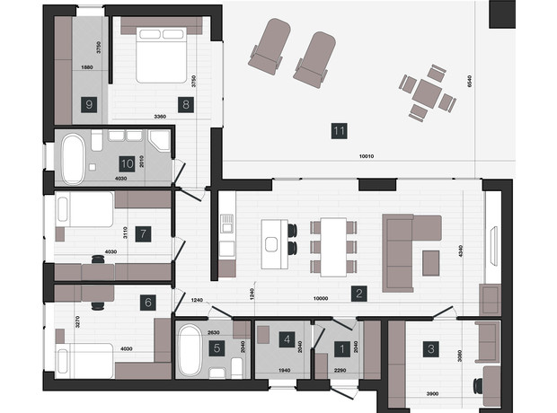 КМ Zenhouz: планування 3-кімнатної квартири 188.64 м²