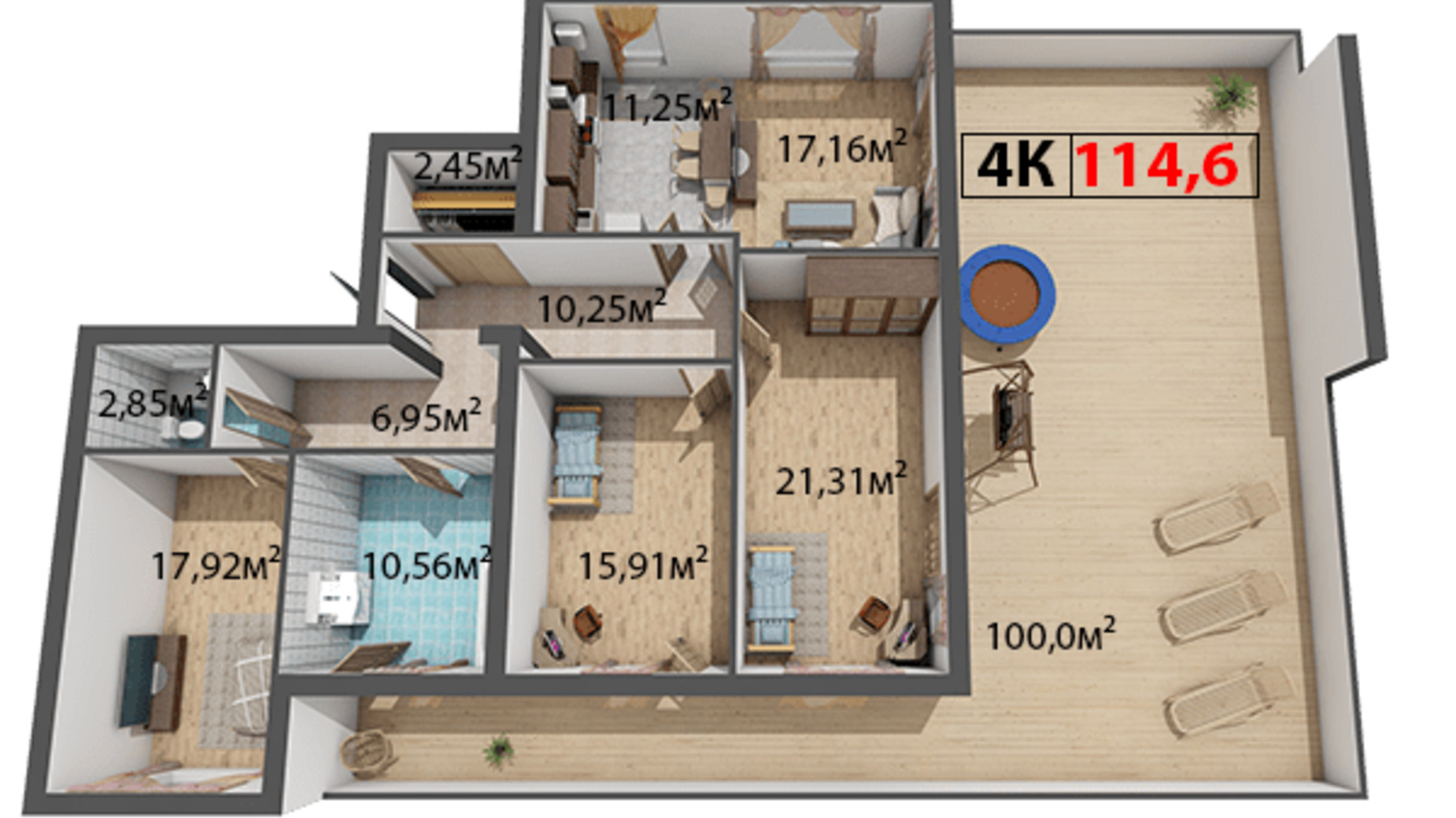 Планировка 4-комнатной квартиры в ЖК Стожары 114.6 м², фото 275922