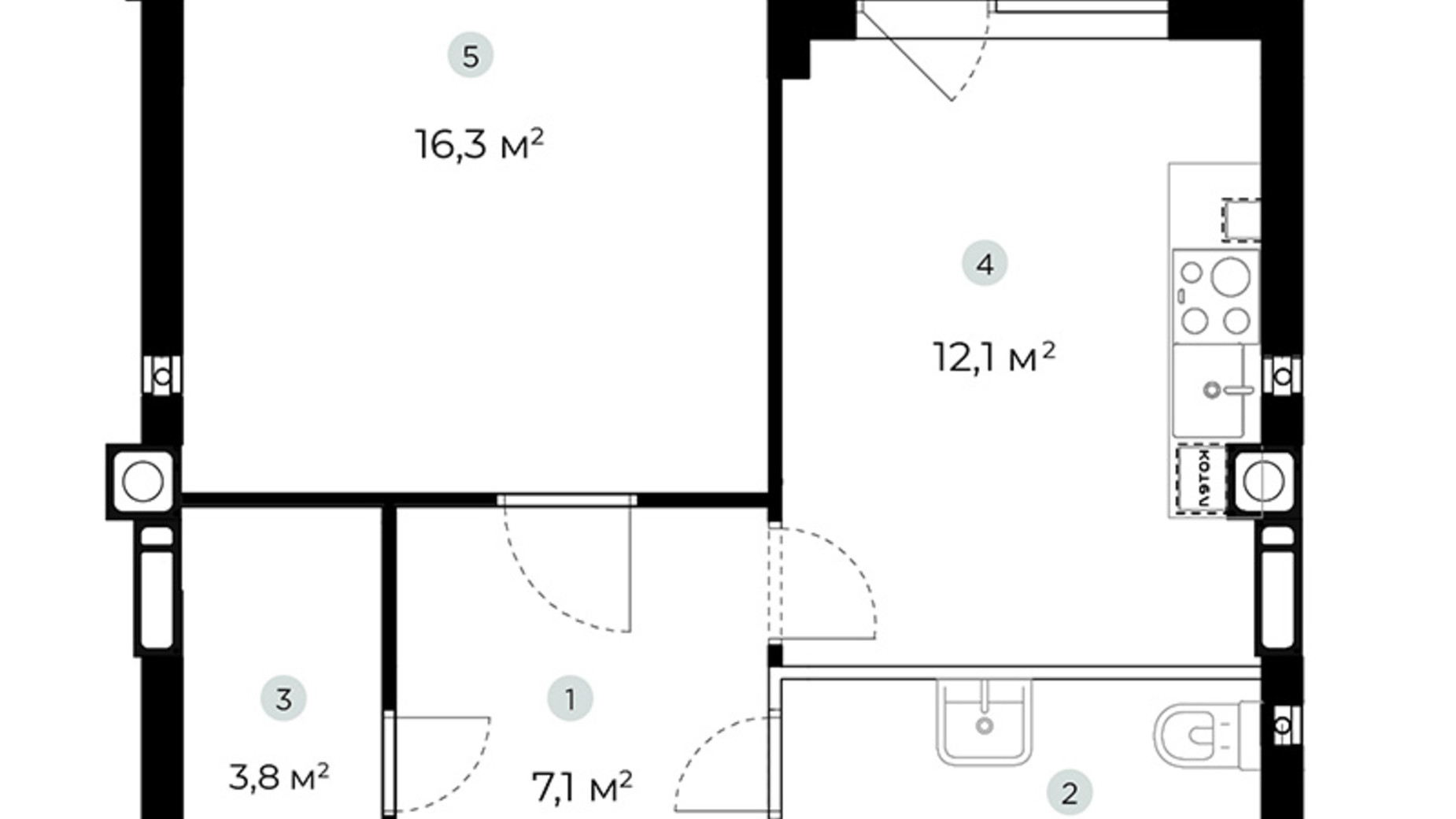 Планування 1-кімнатної квартири в ЖК Parktown 46.5 м², фото 276064
