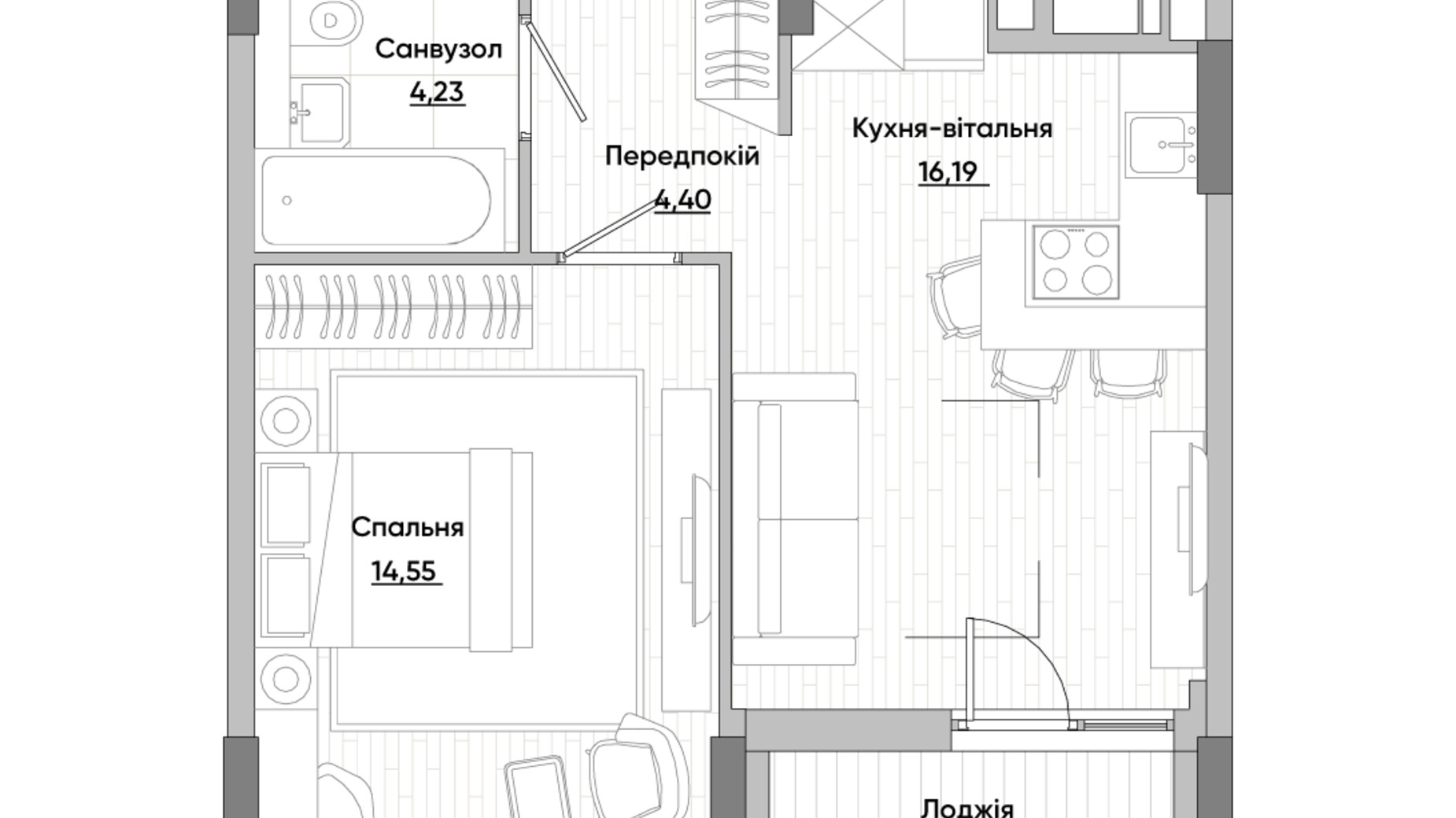 Планировка 1-комнатной квартиры в ЖК Lucky Land 42.8 м², фото 276208