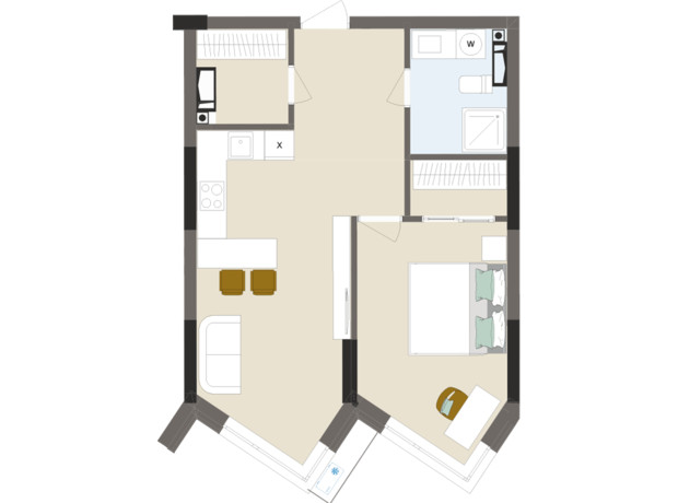 ЖК Chalet: планировка 1-комнатной квартиры 48.84 м²