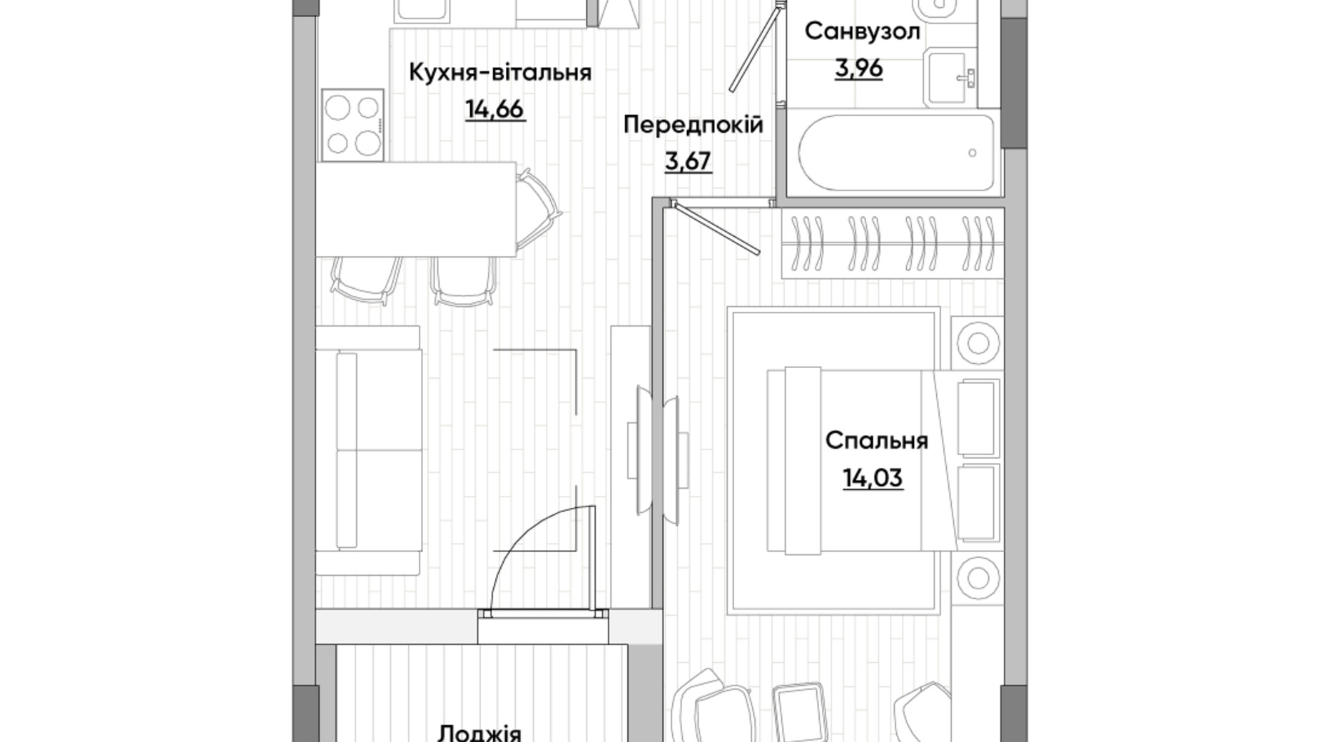 Планування 1-кімнатної квартири в ЖК Lucky Land 40.7 м², фото 276367