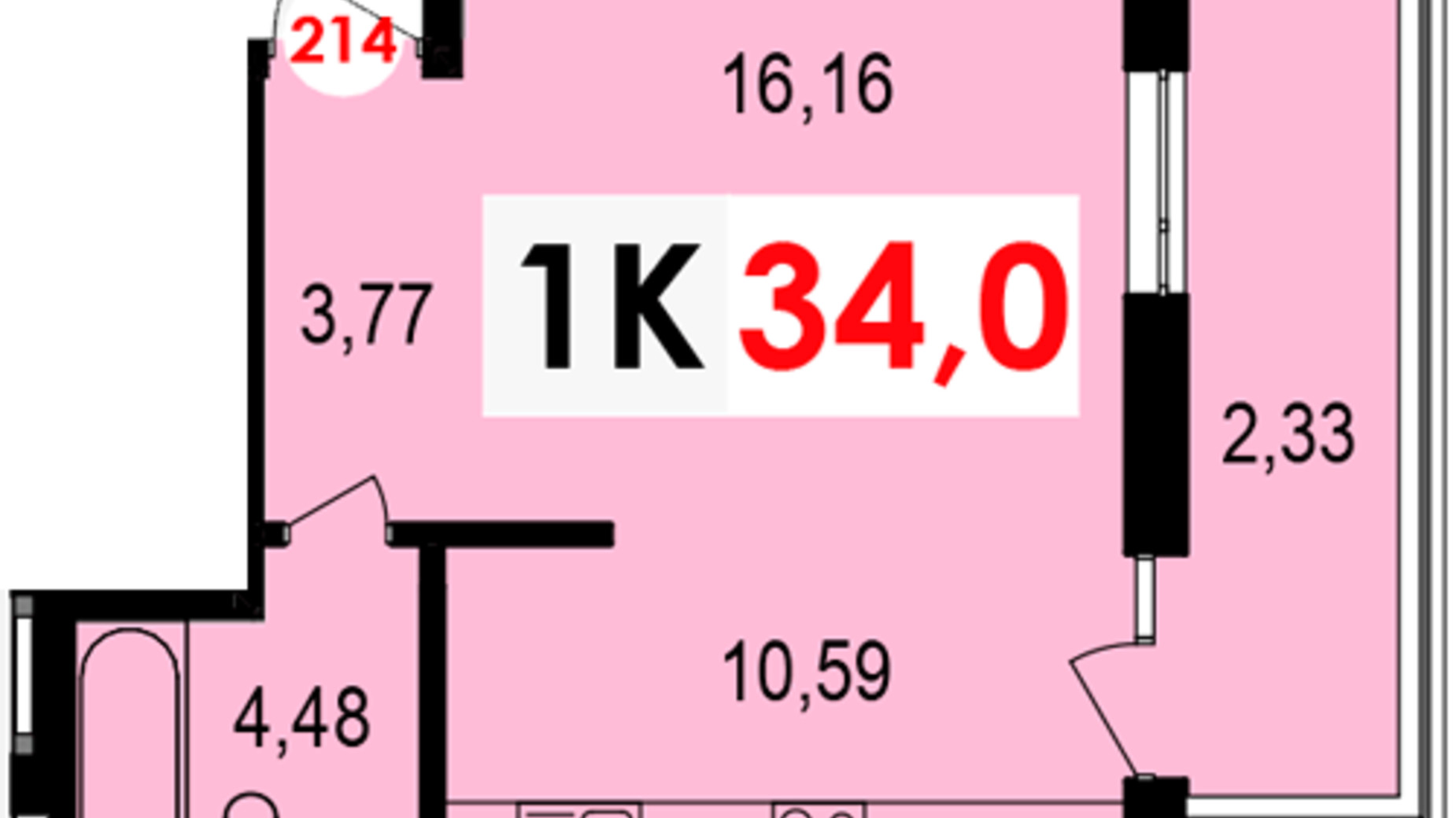 Планировка 1-комнатной квартиры в ЖК Долішній 34 м², фото 276583