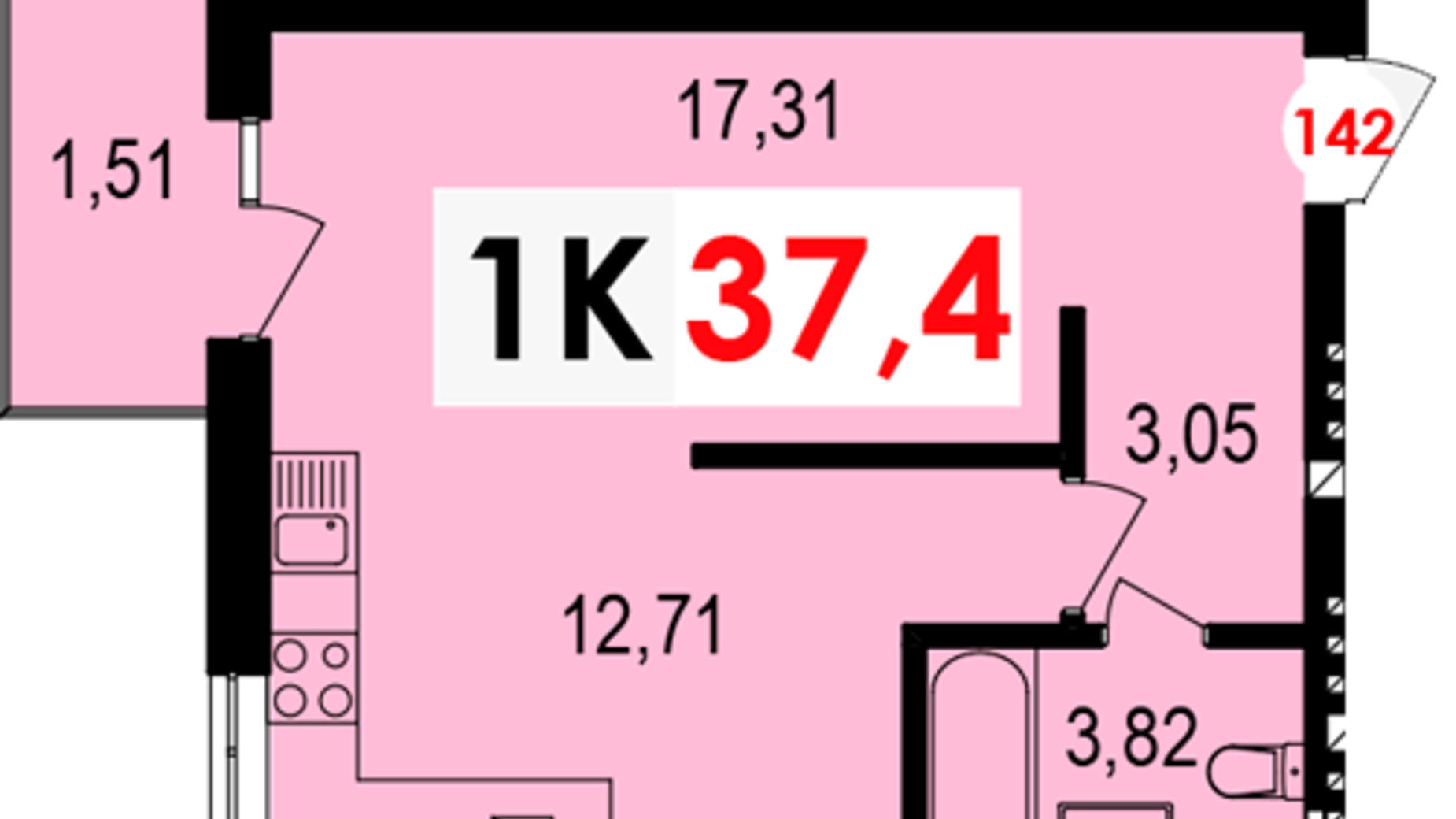 Планування 1-кімнатної квартири в ЖК Долішній 37.4 м², фото 276607