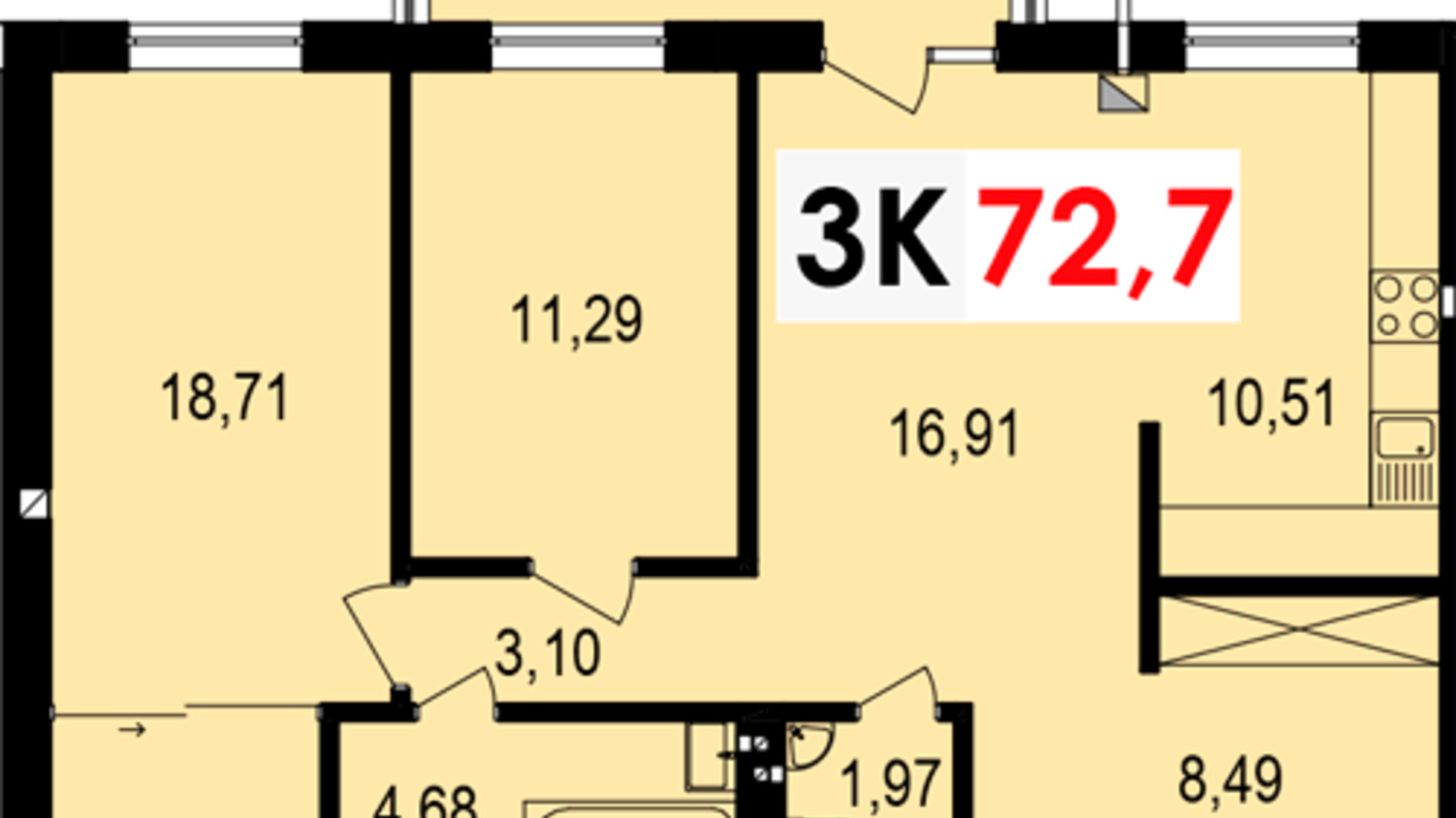 Планування 3-кімнатної квартири в ЖК Долішній 72.7 м², фото 276611