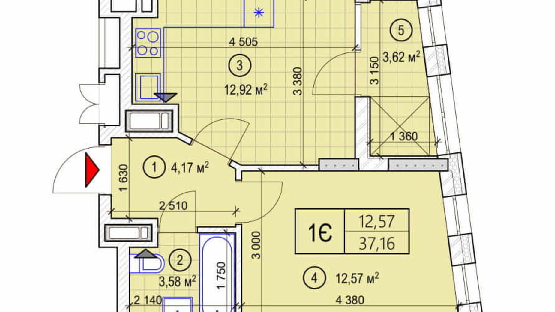 Планировка 1-комнатной квартиры в ЖК Вежа на Ломоносова 37.16 м², фото 277123