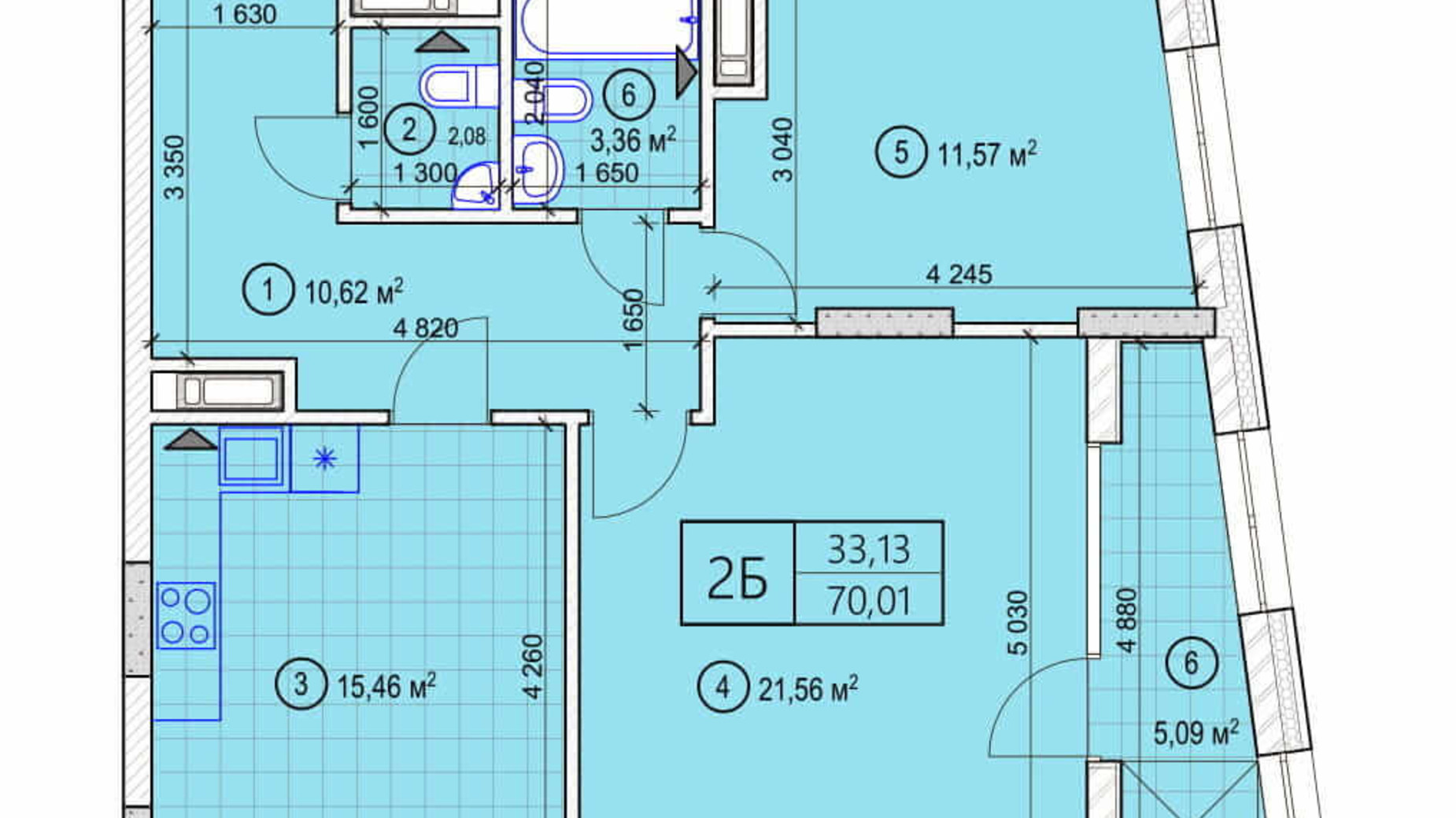 Планування 2-кімнатної квартири в ЖК Вежа на Ломоносова 70.01 м², фото 277124