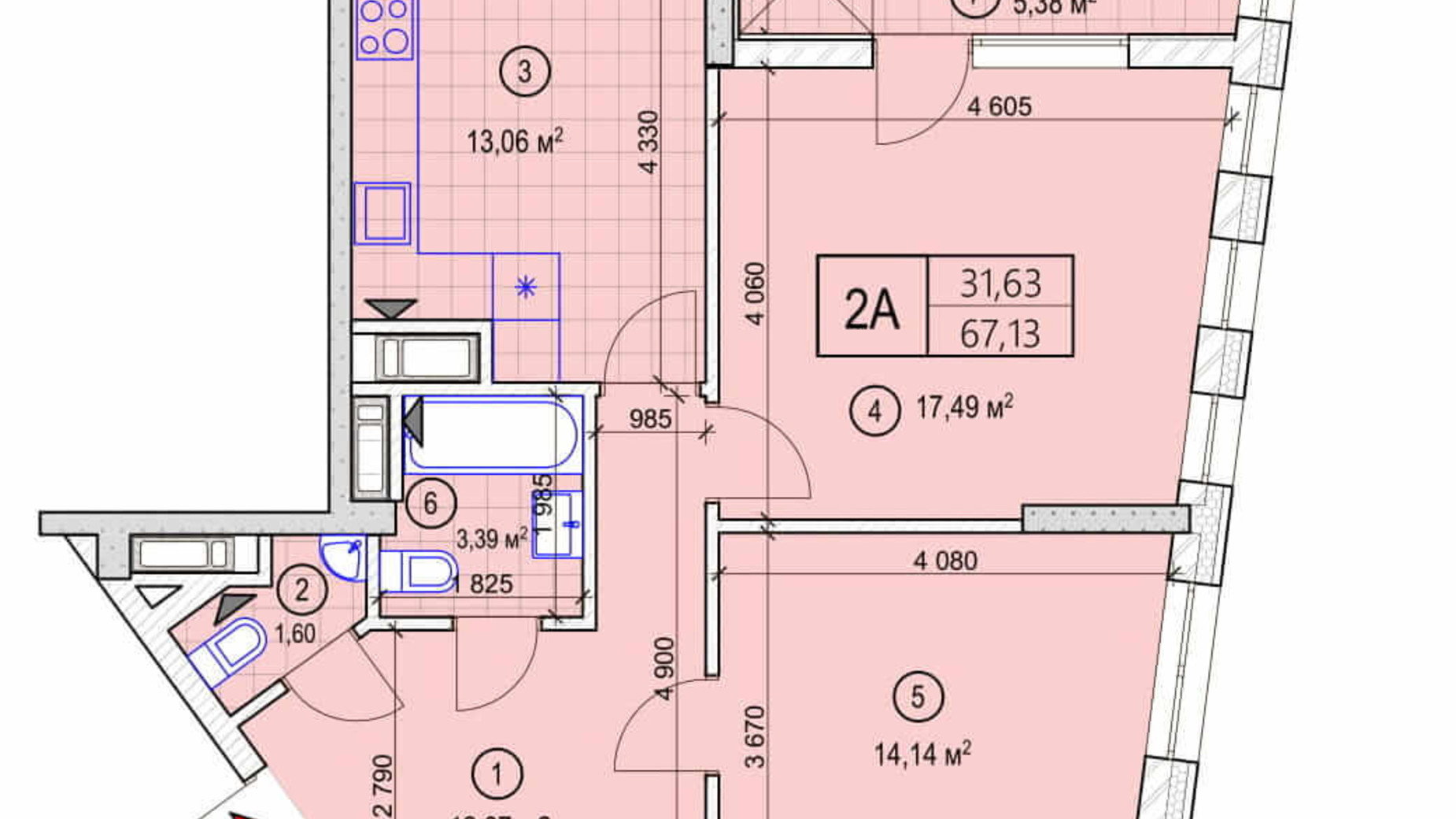 Планировка 2-комнатной квартиры в ЖК Вежа на Ломоносова 67.13 м², фото 277125