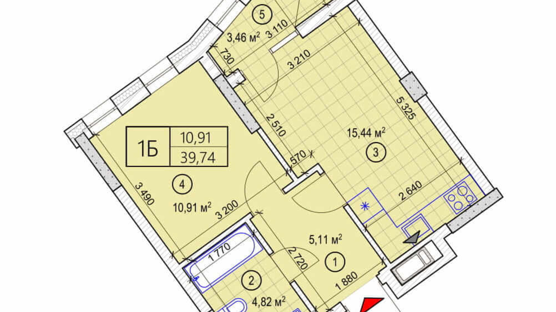 Планировка 1-комнатной квартиры в ЖК Вежа на Ломоносова 39.74 м², фото 277126