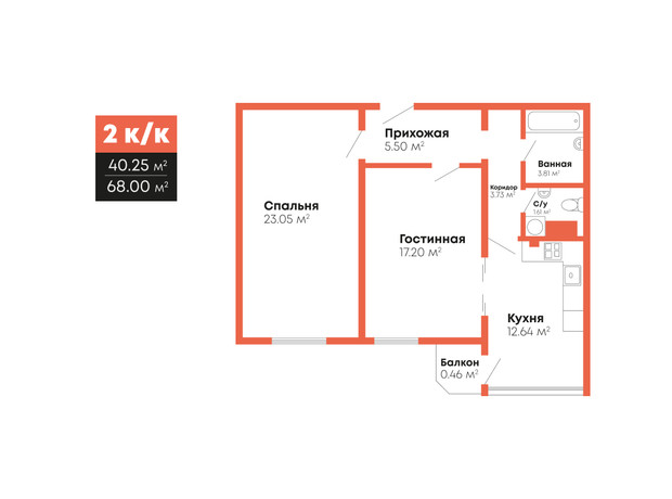 ЖК Гражданский посад: планировка 2-комнатной квартиры 68 м²