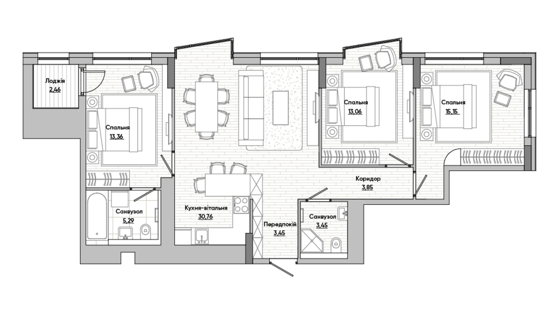 Планування 3-кімнатної квартири в ЖК Lucky Land 90.83 м², фото 277890