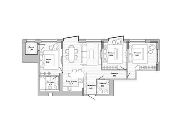ЖК Lucky Land: планування 3-кімнатної квартири 90.83 м² ЖК Lucky Land: планування 3-кімнатної квартири 90.83 м²