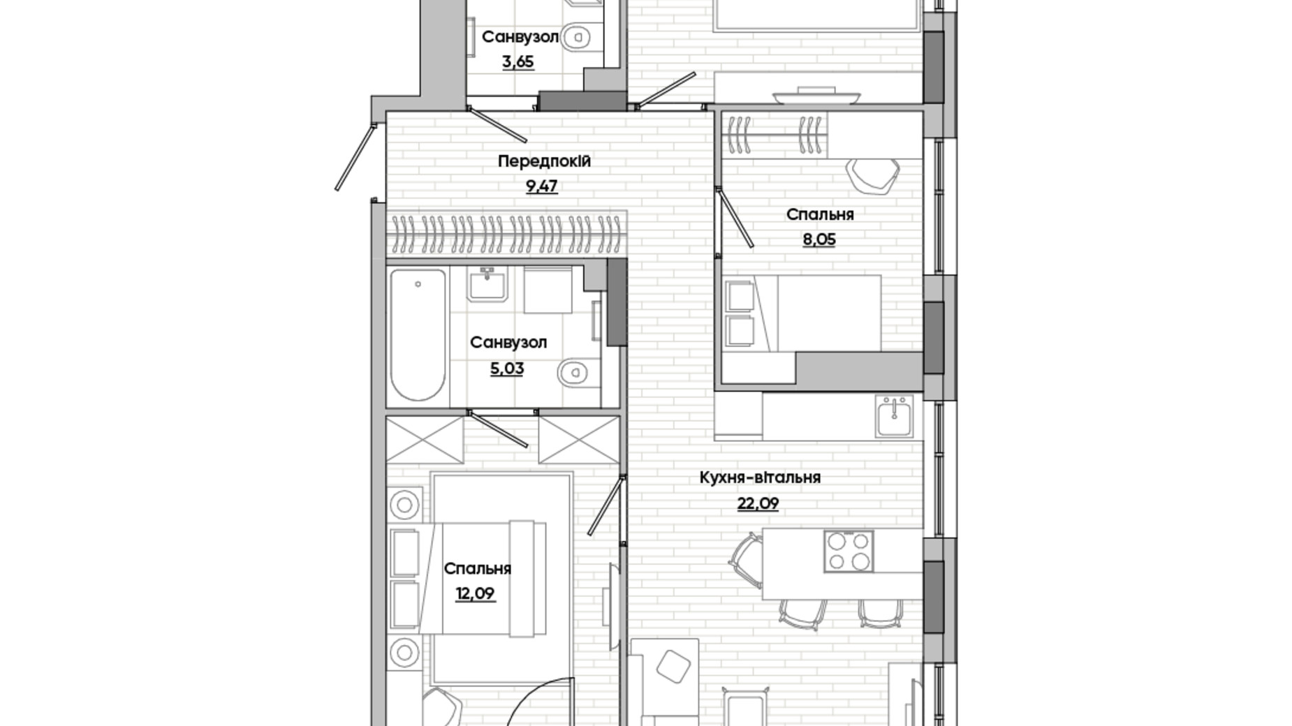 Планування 3-кімнатної квартири в ЖК Lucky Land 74.15 м², фото 277891
