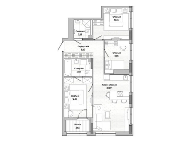ЖК Lucky Land: планировка 3-комнатной квартиры 74.15 м²