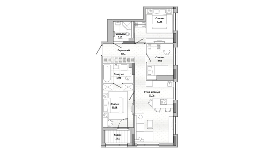 Планировка 3-комнатной квартиры в ЖК Lucky Land 74.15 м², фото 277891