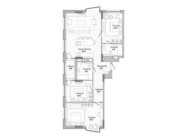 ЖК Lucky Land: планировка 3-комнатной квартиры 107.99 м²