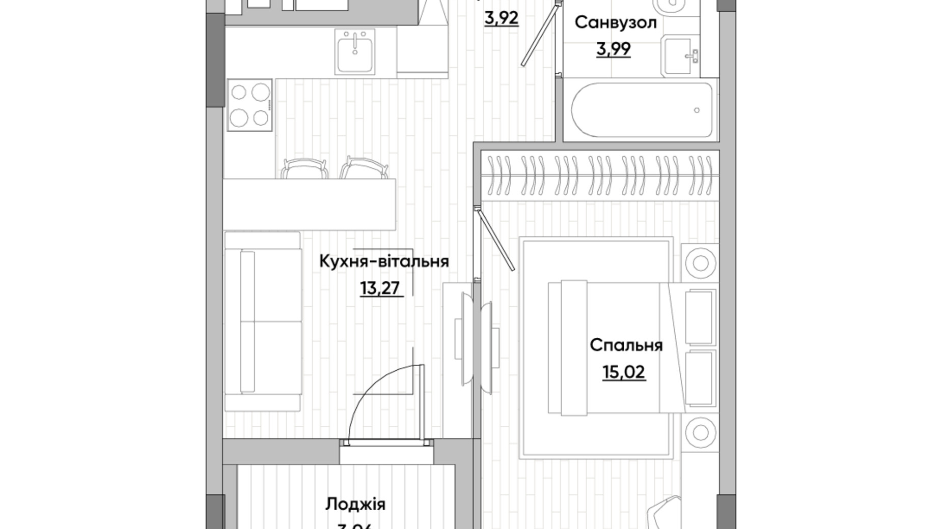Планування 1-кімнатної квартири в ЖК Lucky Land 39.2 м², фото 279725