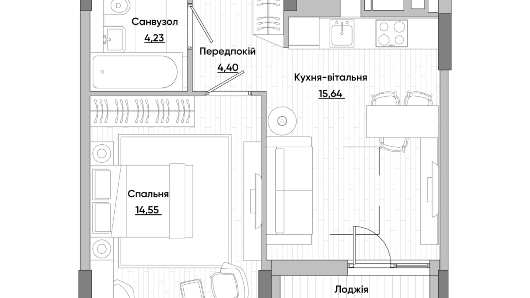 Планировка 1-комнатной квартиры в ЖК Lucky Land 42.26 м², фото 279727