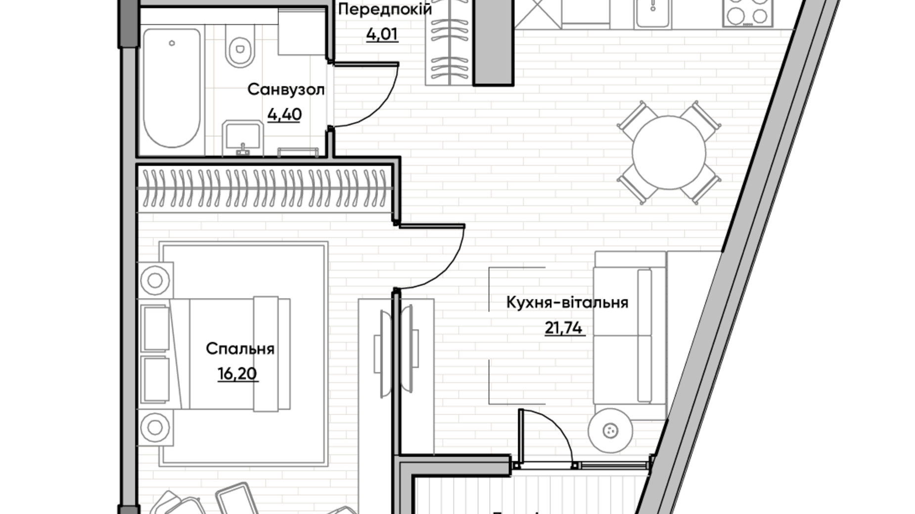 Планування 1-кімнатної квартири в ЖК Lucky Land 49.54 м², фото 279734