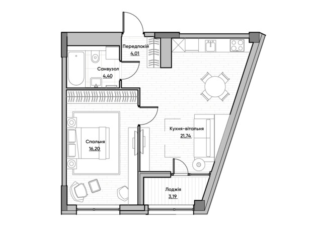 ЖК Lucky Land: планировка 1-комнатной квартиры 49.54 м²