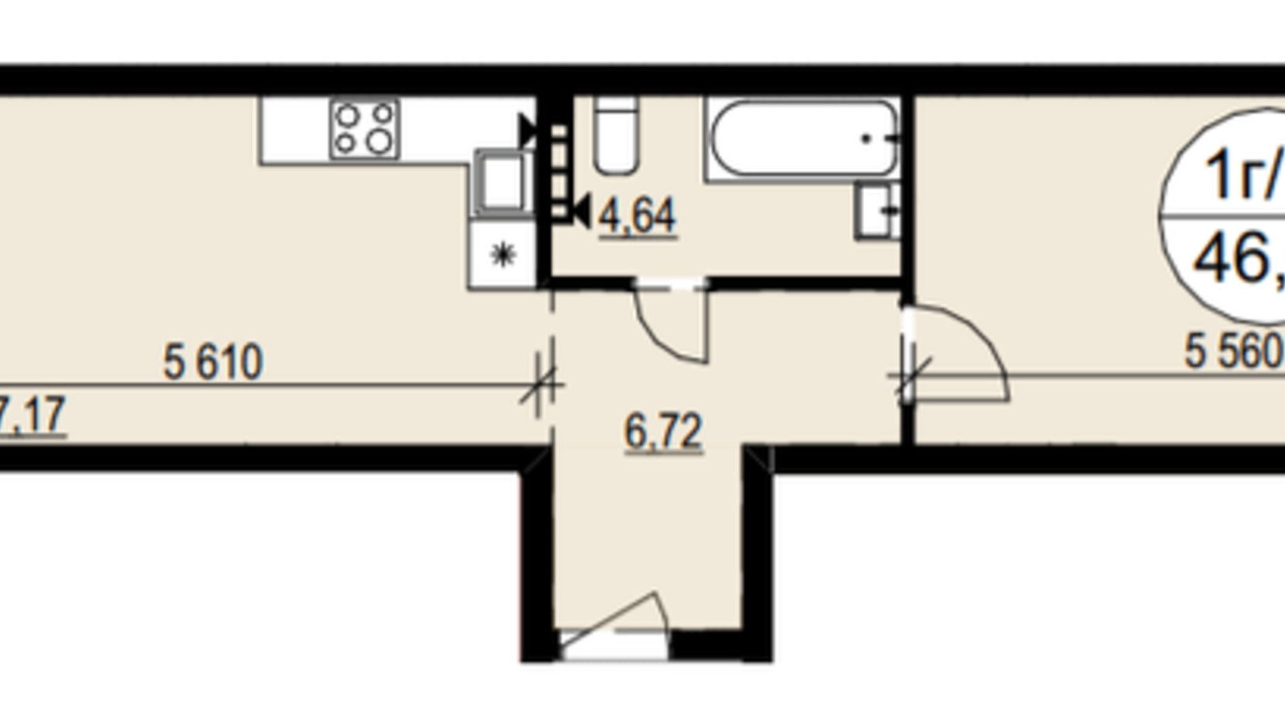 Планировка 1-комнатной квартиры в ЖК Гринвуд-3 47.3 м², фото 280048