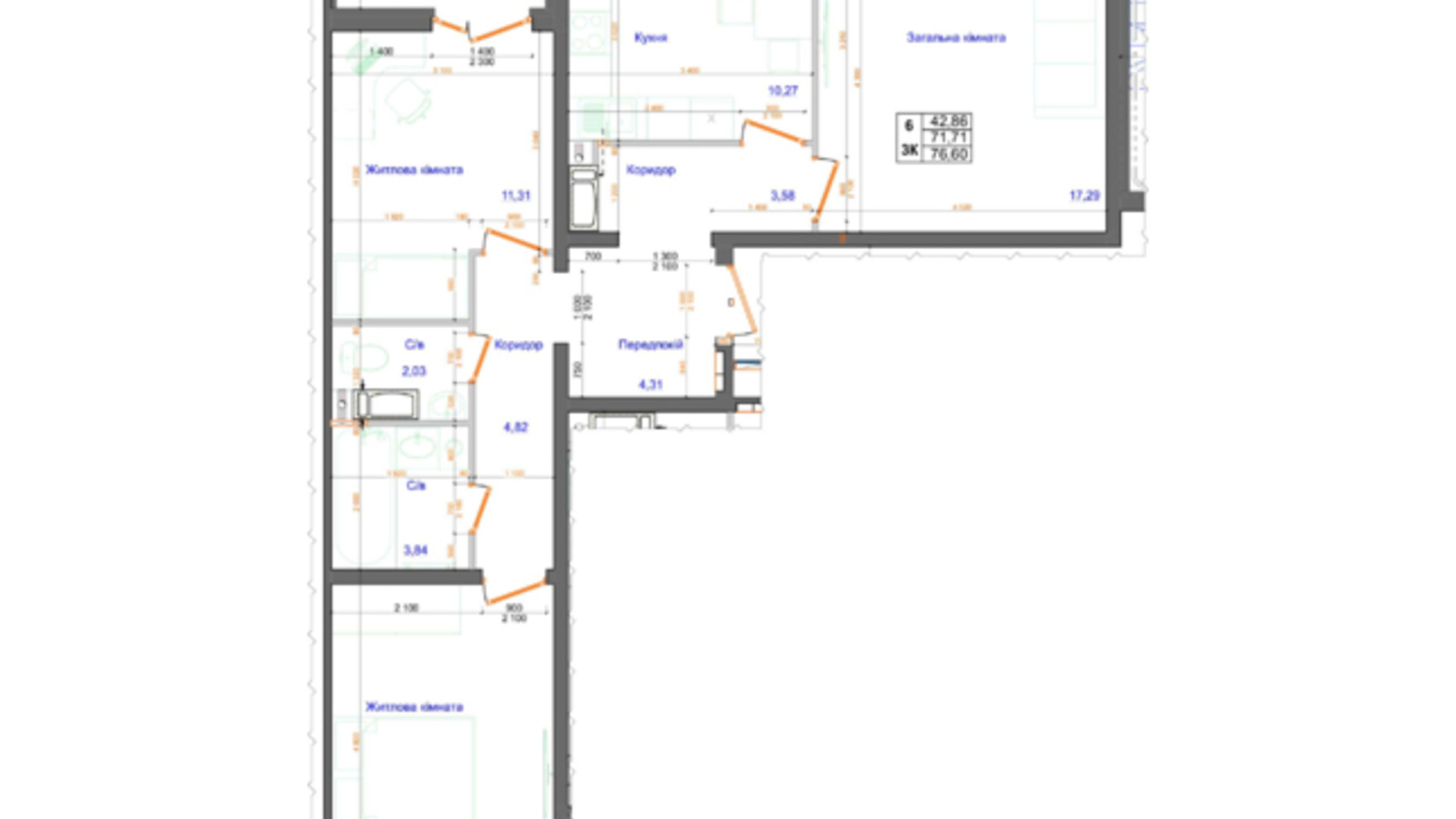 Планировка 3-комнатной квартиры в ЖК Атлант 76.6 м², фото 280391