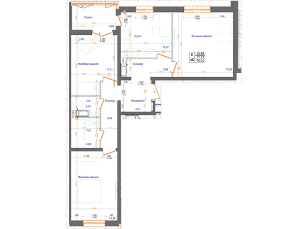 ЖК Атлант: планировка 3-комнатной квартиры 76.6 м²