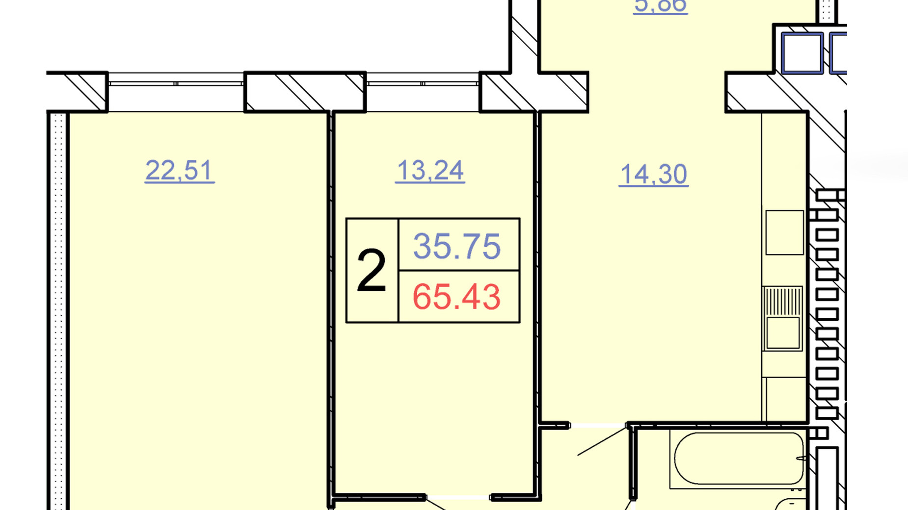 Планировка 2-комнатной квартиры в ЖСК Счастливый 65.43 м², фото 280612