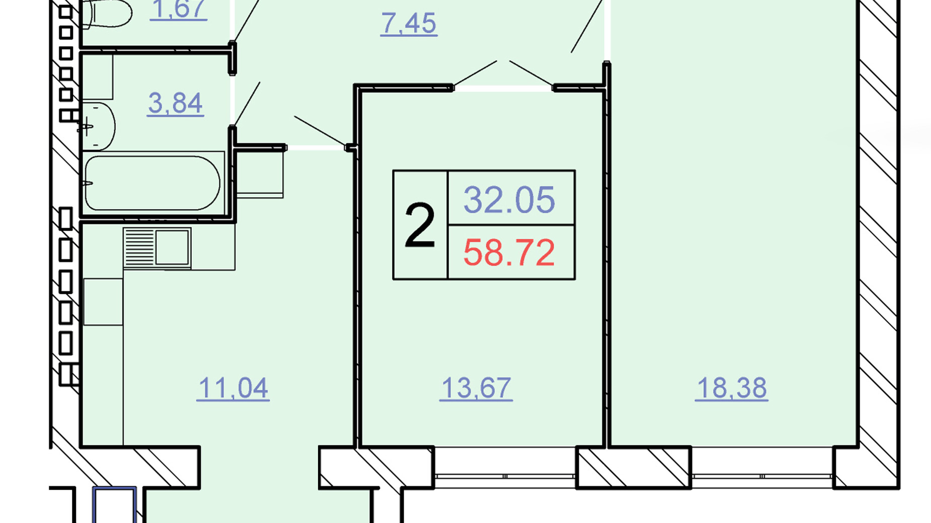 Планировка 2-комнатной квартиры в ЖСК Счастливый 58.72 м², фото 280613