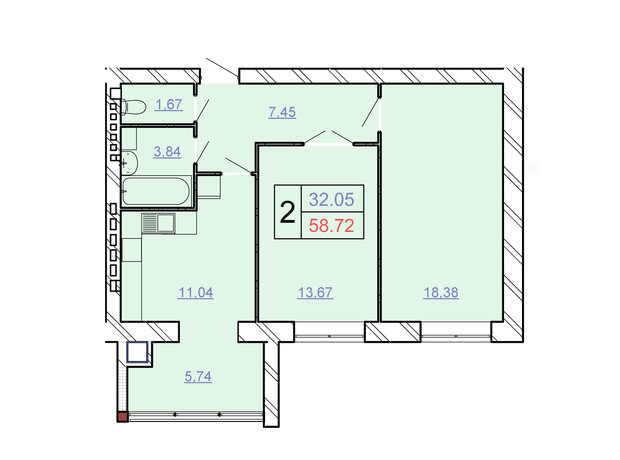 ЖБК Щасливий: планування 2-кімнатної квартири 58.72 м²