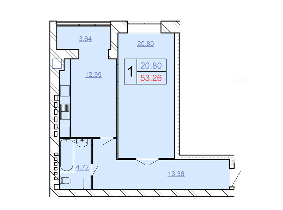 Планировка 1-комнатной квартиры в ЖСК Счастливый 53.26 м², фото 280615 Планировка 1-комнатной квартиры в ЖСК Счастливый 53.26 м², фото 280615