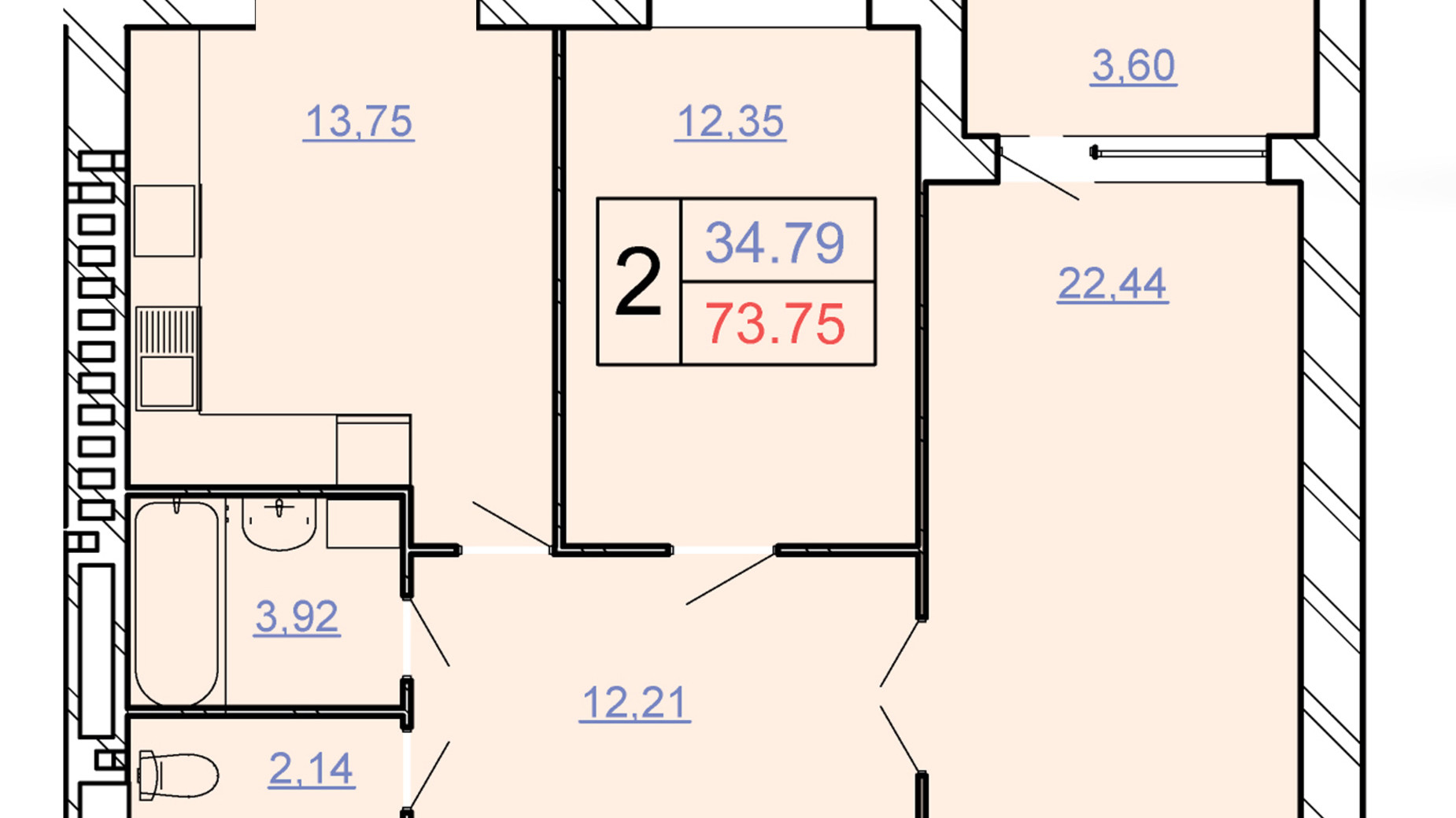 Планування 2-кімнатної квартири в ЖБК Щасливий 73.75 м², фото 280616