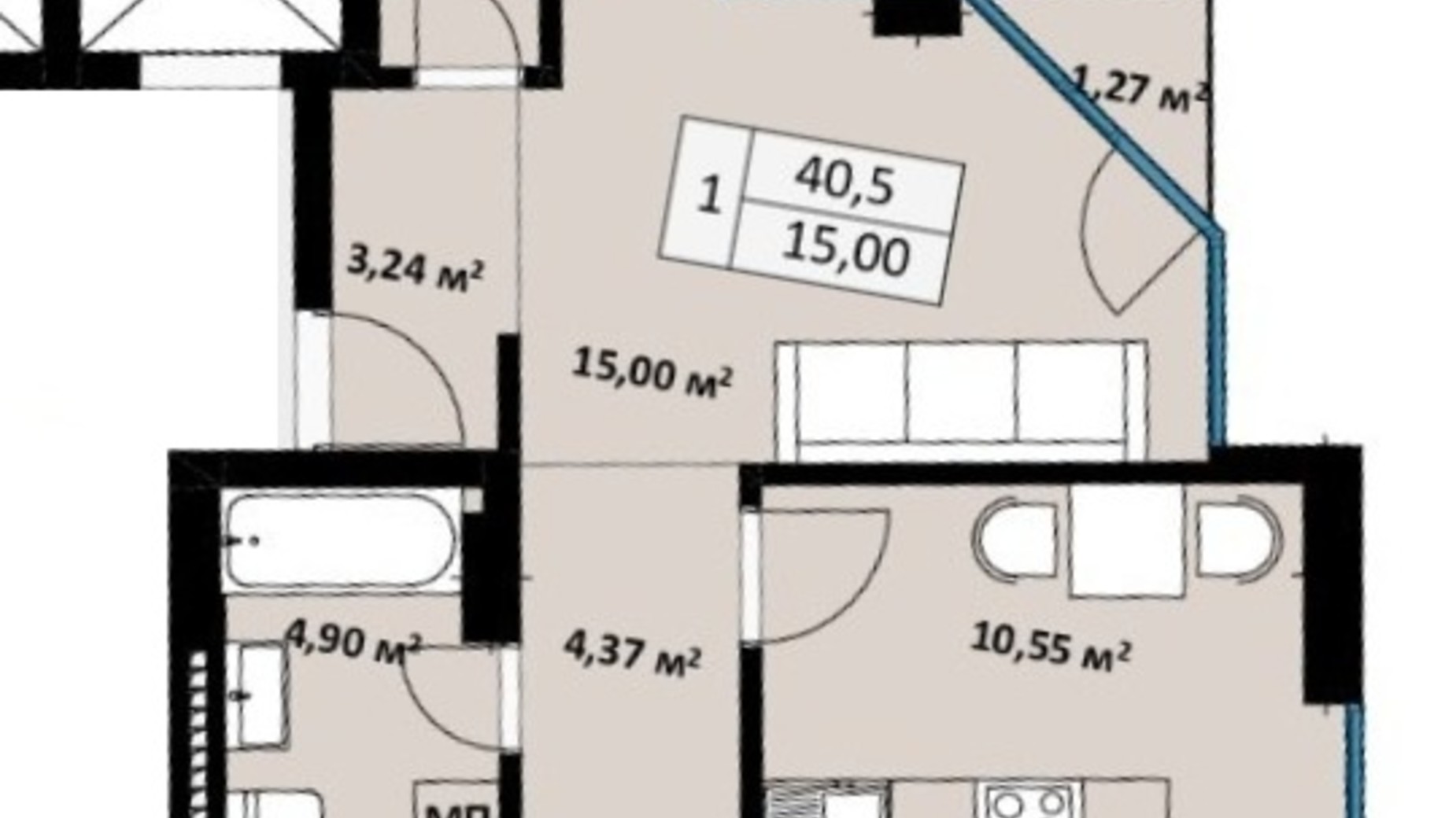 Планування 1-кімнатної квартири в ЖК Uzh Towers 40.5 м², фото 281167