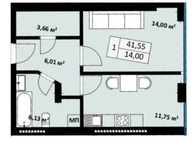 ЖК Uzh Towers: планировка 1-комнатной квартиры 41.55 м²