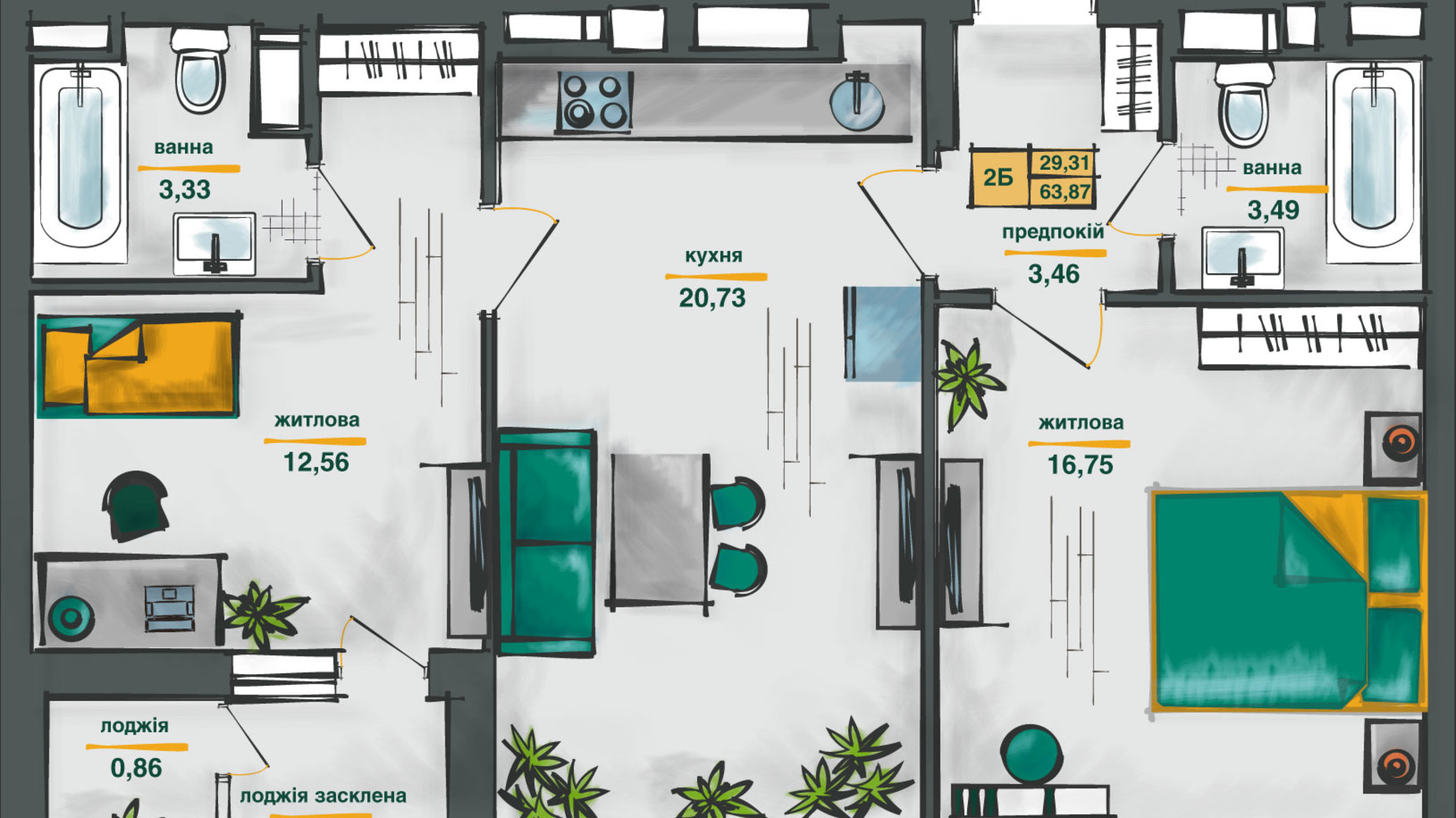 Планировка 2-комнатной квартиры в ЖК Сырецкие Сады 63.87 м², фото 281470