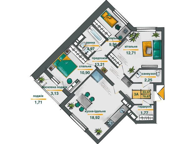 ЖК Сырецкие Сады: планировка 3-комнатной квартиры 78.67 м²