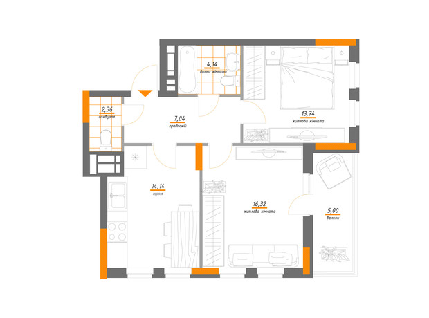 ЖК Нивки-Парк: планування 2-кімнатної квартири 62.74 м²