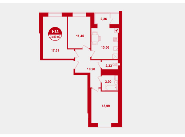 ЖК Покровский: планировка 3-комнатной квартиры 74.8 м²