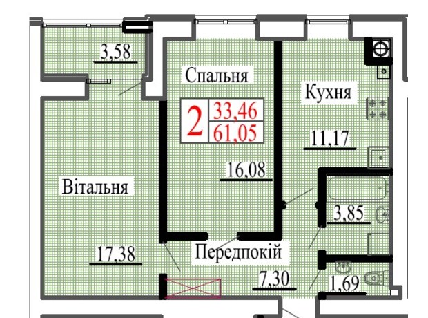 ЖК Барселона 2: планування 2-кімнатної квартири 61.05 м²