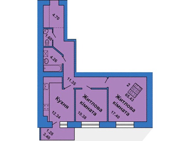 ЖК ул. Весенняя, 9: планировка 2-комнатной квартиры 65.43 м²