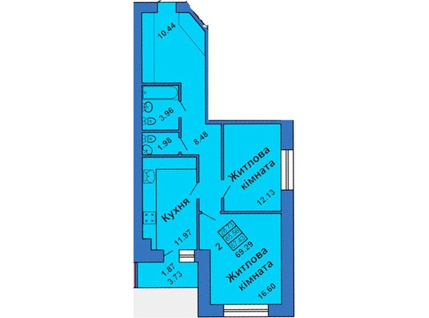 ЖК ул. Весенняя, 9: планировка 2-комнатной квартиры 69.29 м²
