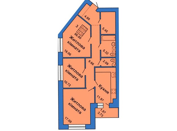 ЖК ул. Весенняя, 9: планировка 3-комнатной квартиры 86.8 м²