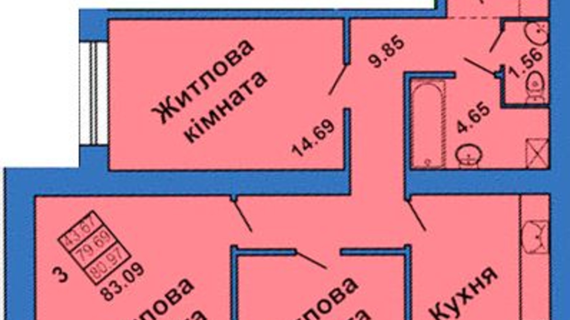 Планировка 3-комнатной квартиры в ЖК ул. Весенняя, 9 83.09 м², фото 282122