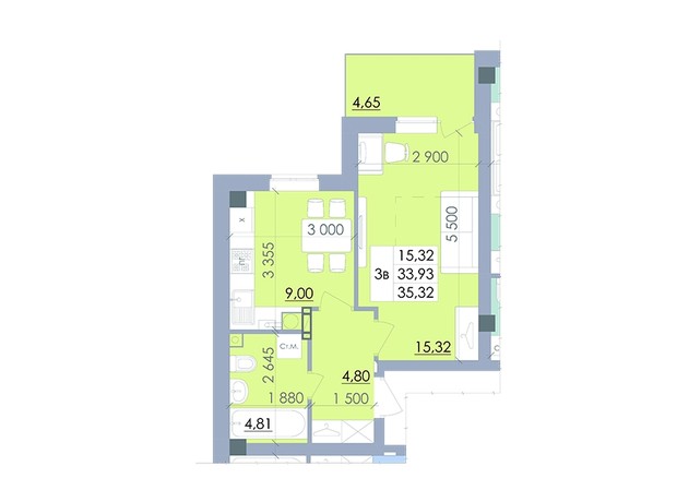 ЖК вул. Полтавський Шлях, 61: планування 1-кімнатної квартири 35.32 м²