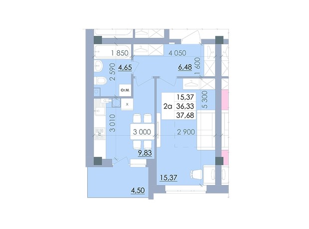 ЖК вул. Полтавський Шлях, 61: планування 1-кімнатної квартири 37.68 м²