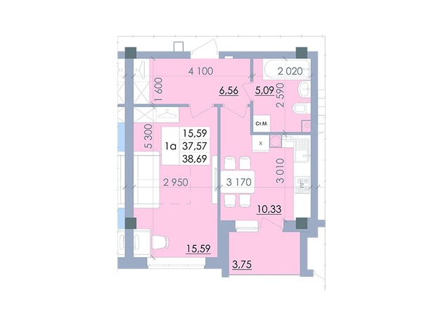 ЖК вул. Полтавський Шлях, 61: планування 1-кімнатної квартири 38.69 м²